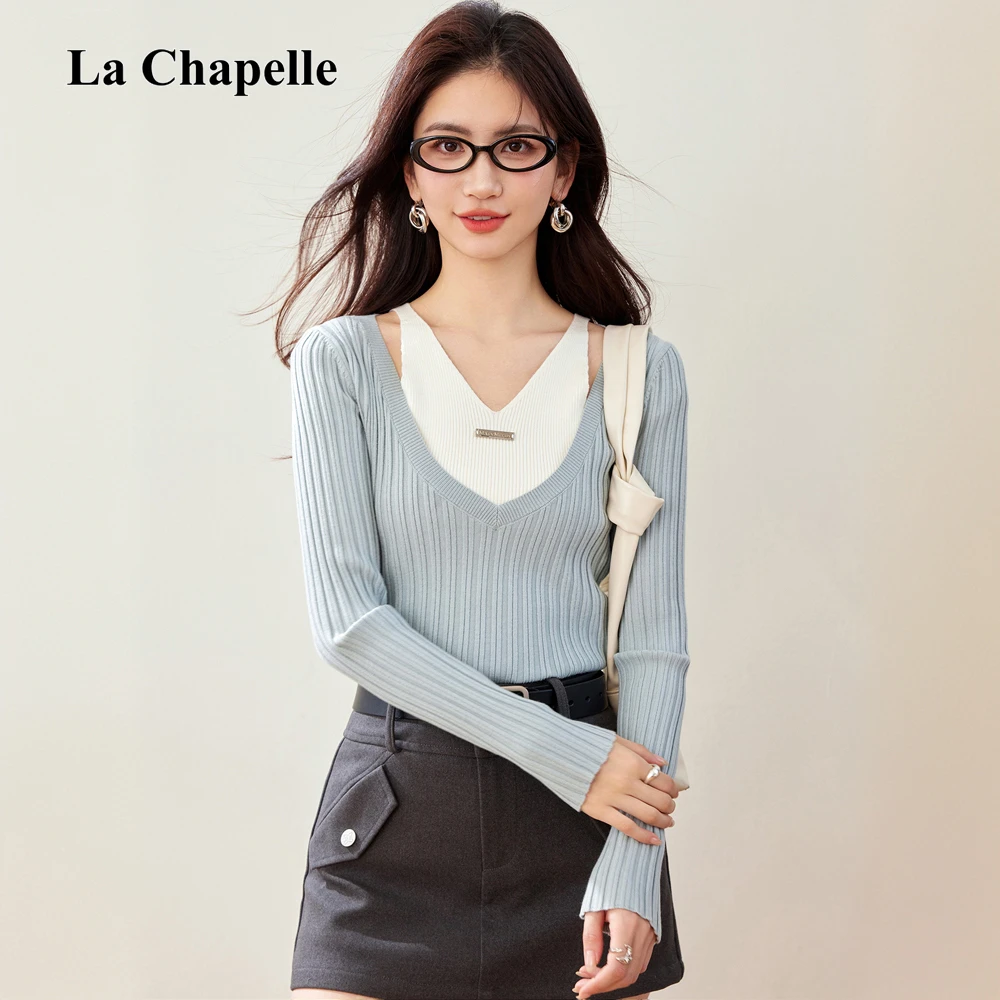 拉夏贝尔时尚洋气毛针织衫女秋冬款街头风修身显瘦纯色女上衣V领