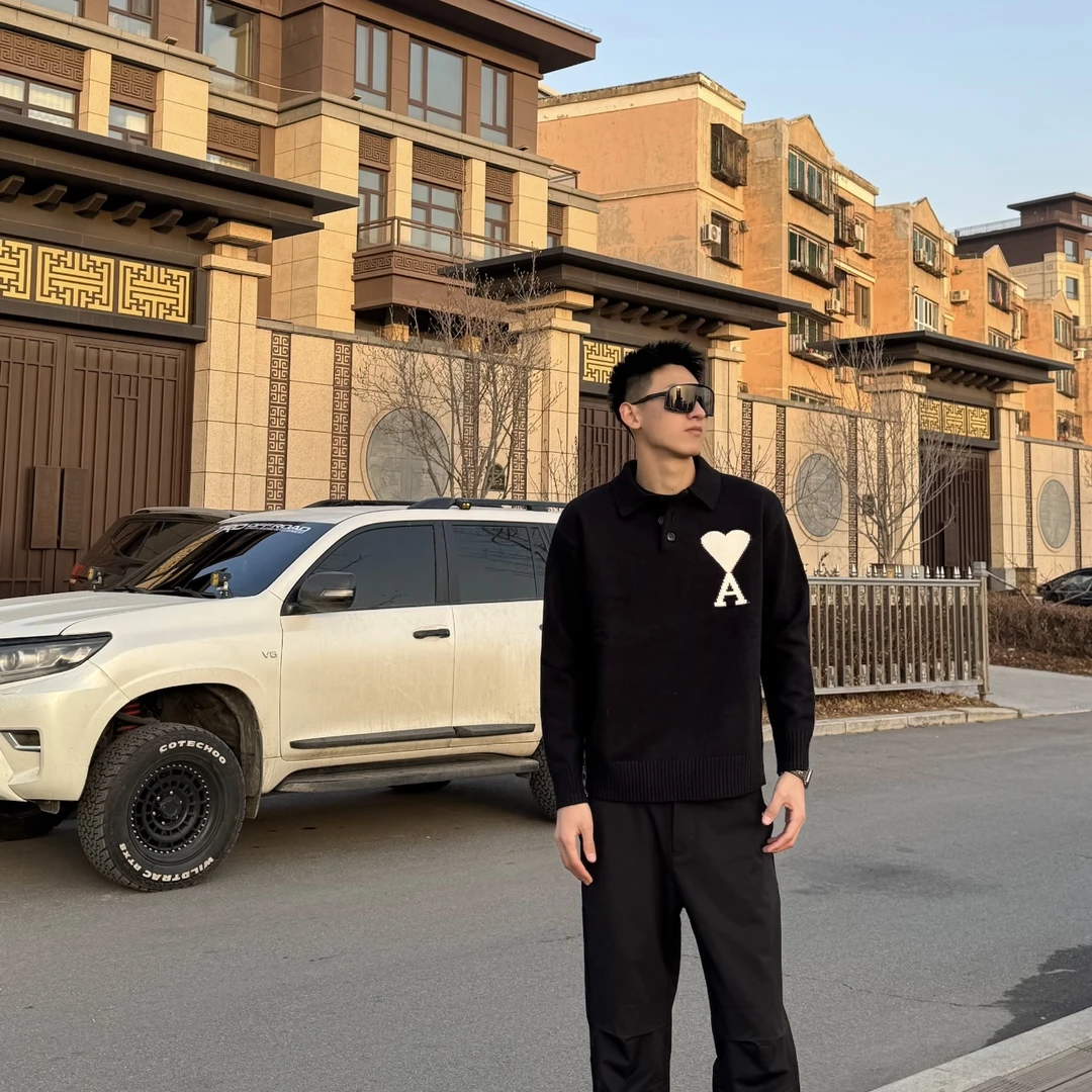 【黄博文】百搭情侣款爱心polo翻领针织衫宽松复古男女同款毛衣外套