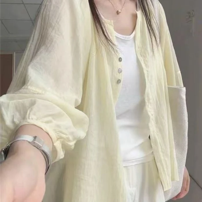 夏季新款大码亚麻防晒衣衬衫女薄款减龄开衫外搭宽松长袖衬衣上衣