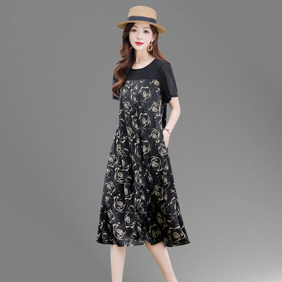 高端气质女装连衣裙2025夏新款宽松显瘦遮肉假两件碎花中长款裙子