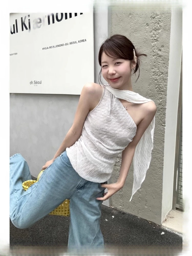 偷心契约 夏季新款辣妹性感蕾丝飘带单肩背心吊带无袖修身