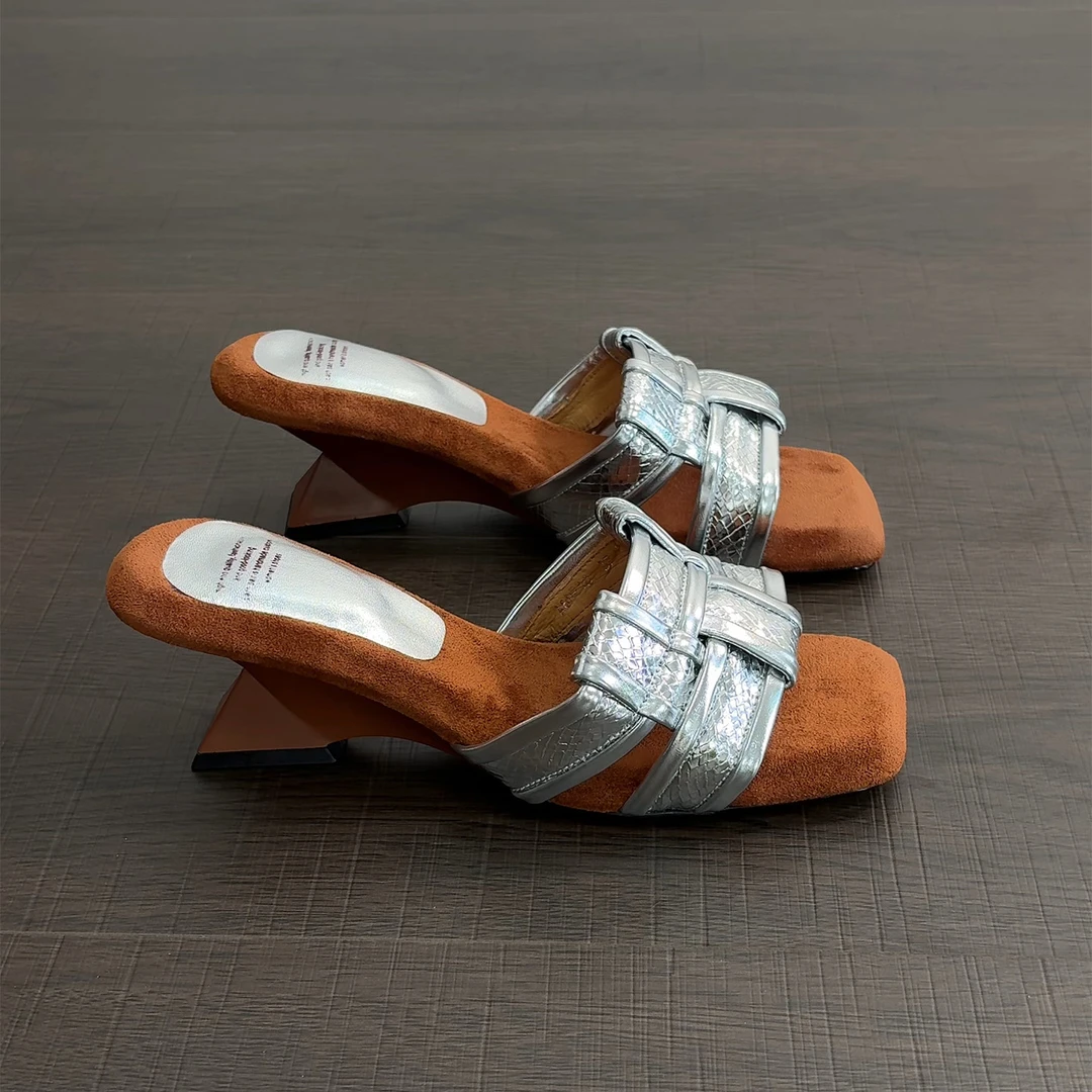 5.5m/ED2460羊皮仙女风编织凉拖鞋女夏季时尚百搭女士高跟半拖鞋