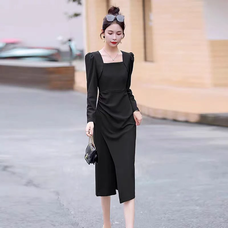 GL1183 法式显瘦连衣裙名媛秋季轻奢开叉礼服