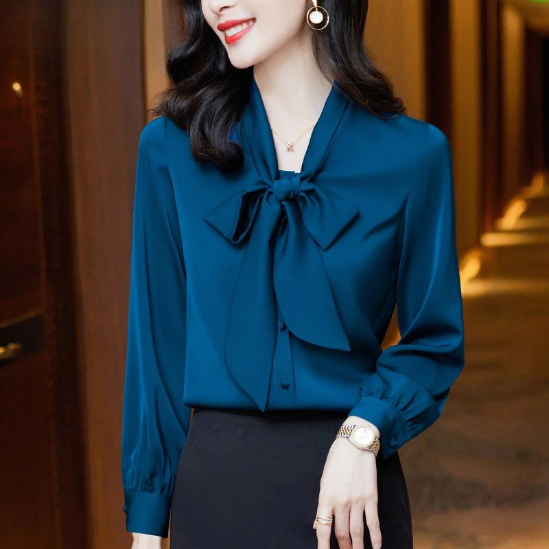 高档洋气衬衫女长袖春秋2025新款雪纺衬衣气质蝴蝶结飘带打底