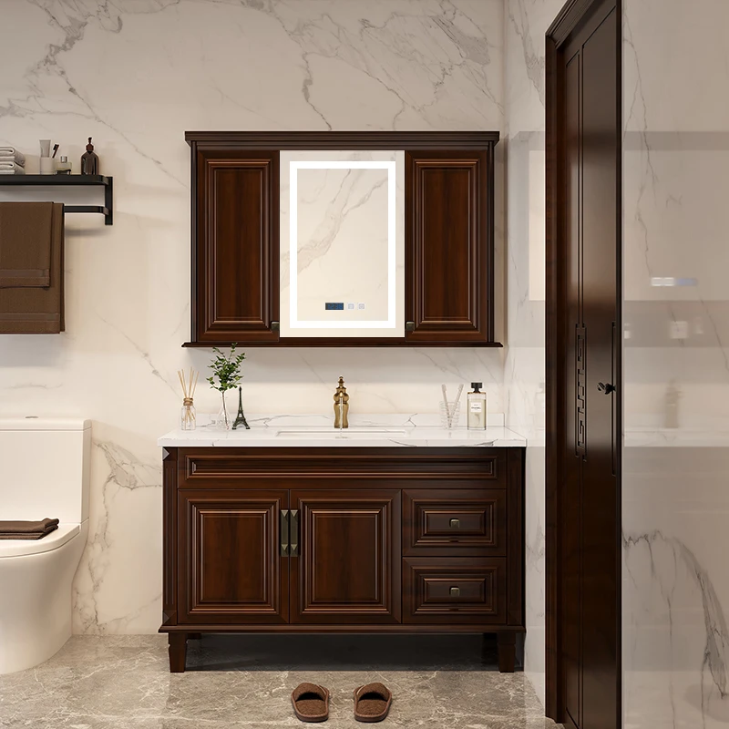 新中式智能陶瓷一体盆推拉隐藏风水镜洗手洗脸洗漱台盆浴室柜组合