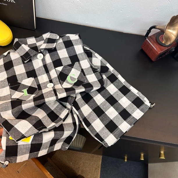 4135男女童潮流时尚休闲炸街格子夏季无袖衬衫短裤套装