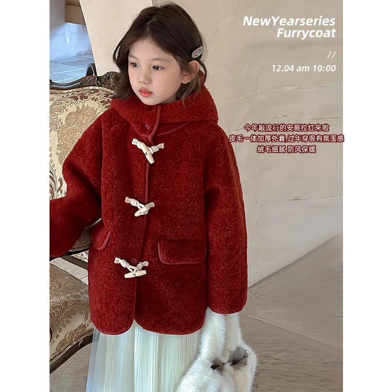 麦麦秋【现货-岁岁暖】棉密一体绒牛角扣女童冬加厚毛毛衣D25885