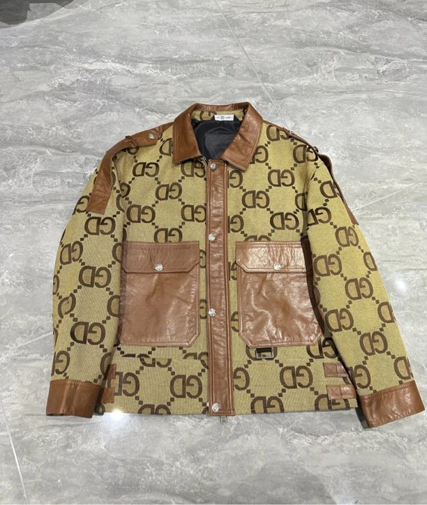 2313-男士牛皮皮配布休闲外套