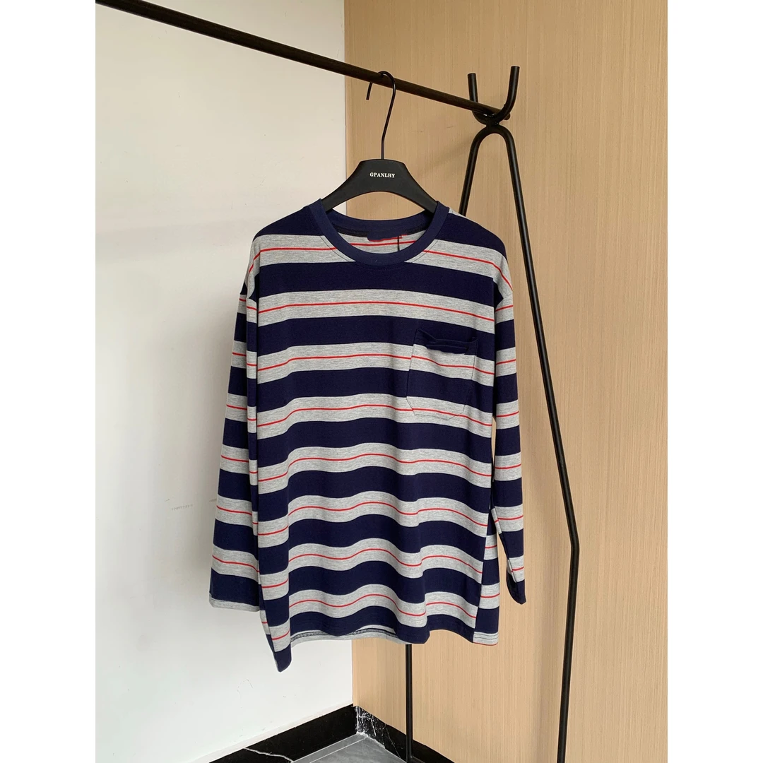 辣椒推荐ZOWZOW 水洗工艺复古摩登圆领色织条纹宽松长袖T恤女