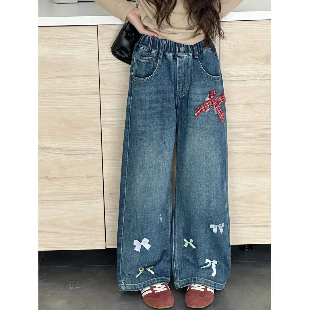 K29429孙小美蝴蝶结女童阔腿裤2025秋装新款儿童牛仔裤春秋休闲裤