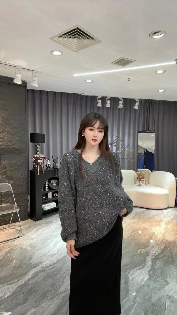 小凉家862时尚重工V领迷你亮片慵懒风满天星毛衣针织衫女