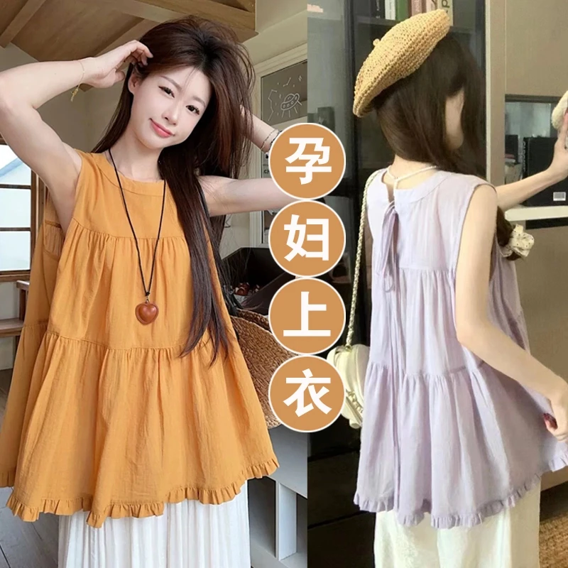 孕妇套装木耳边桔色无袖衬衫女夏季新款温柔宽松小众百搭孕妇上衣