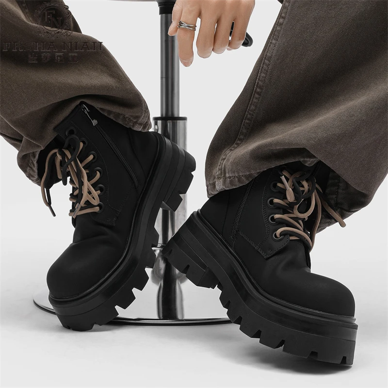 法莎尼亚新款马丁靴7cm增高复古厚底男款冬季加绒哑秋季男款厚底