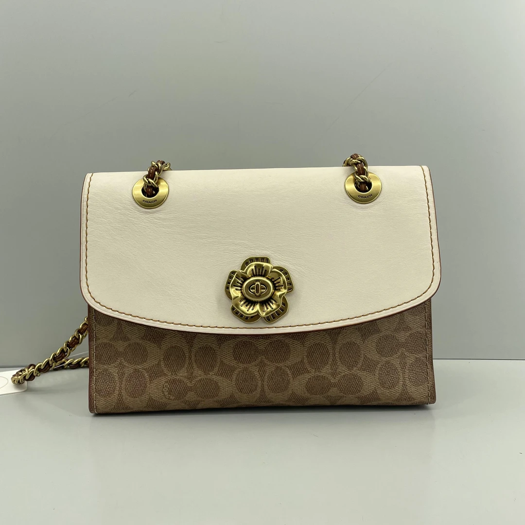 90新 COACH/蔻驰 parker26白盖老花山茶链条包26x18x10cmE010709