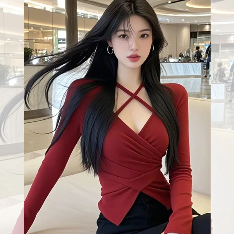 性感打底衫内搭洋气可外穿红色上衣春秋新款设计感不规则t恤衫女