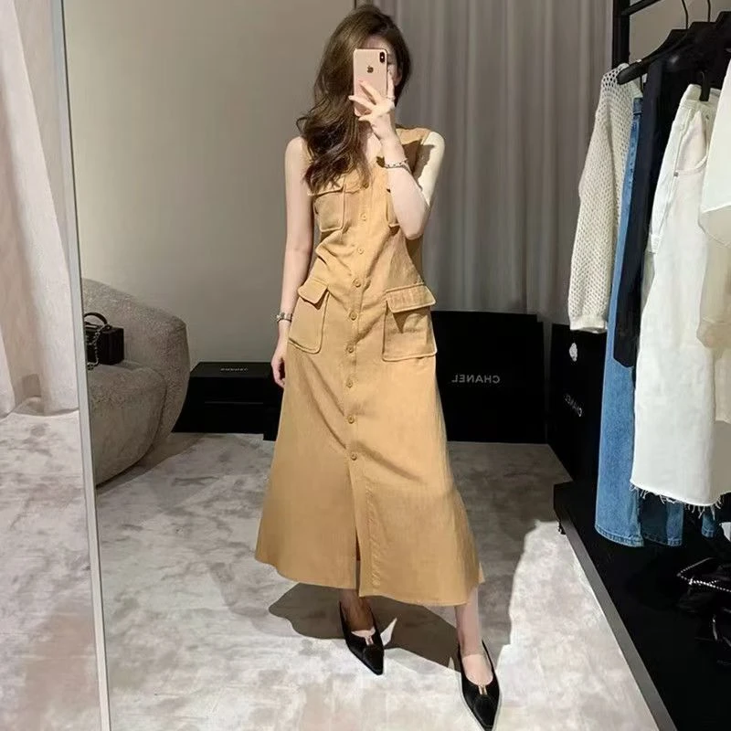 特大码斤胖韩版无袖工装连衣裙女夏季收腰显瘦设计感长裙子