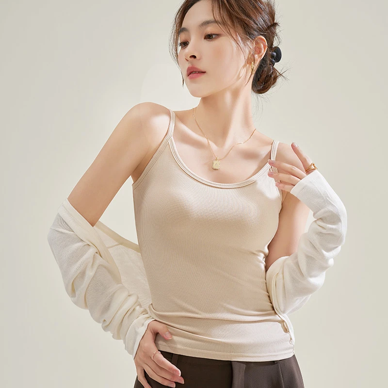 [吊带系列]春夏新品丨纯色V领细肩带白色文胸一体吊带背心