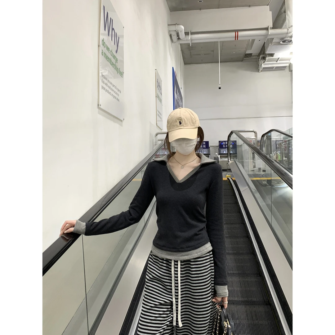 实拍2025秋冬韩版撞色polo领假两件羊绒抓毛内搭长袖打底T恤上衣