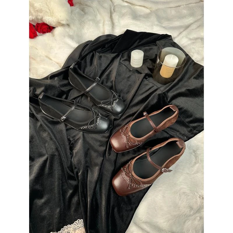 DQ9238/羊皮/2cm蝴蝶结浅口软底瓢鞋复古玛丽珍鞋蝴蝶奶奶鞋鞋子