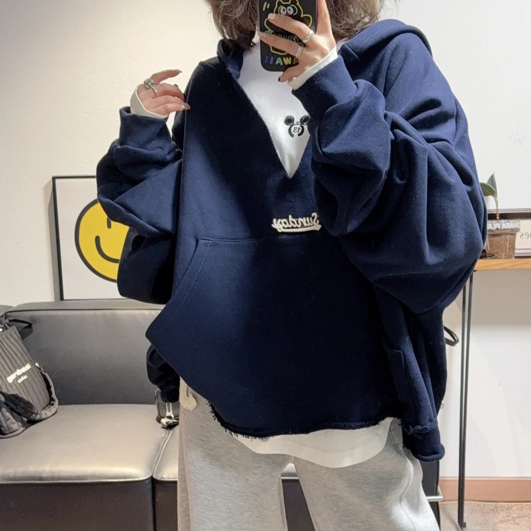 2025春季新款设计师款大版藏青色毛圈深v连帽卫衣女宽松显瘦洋气