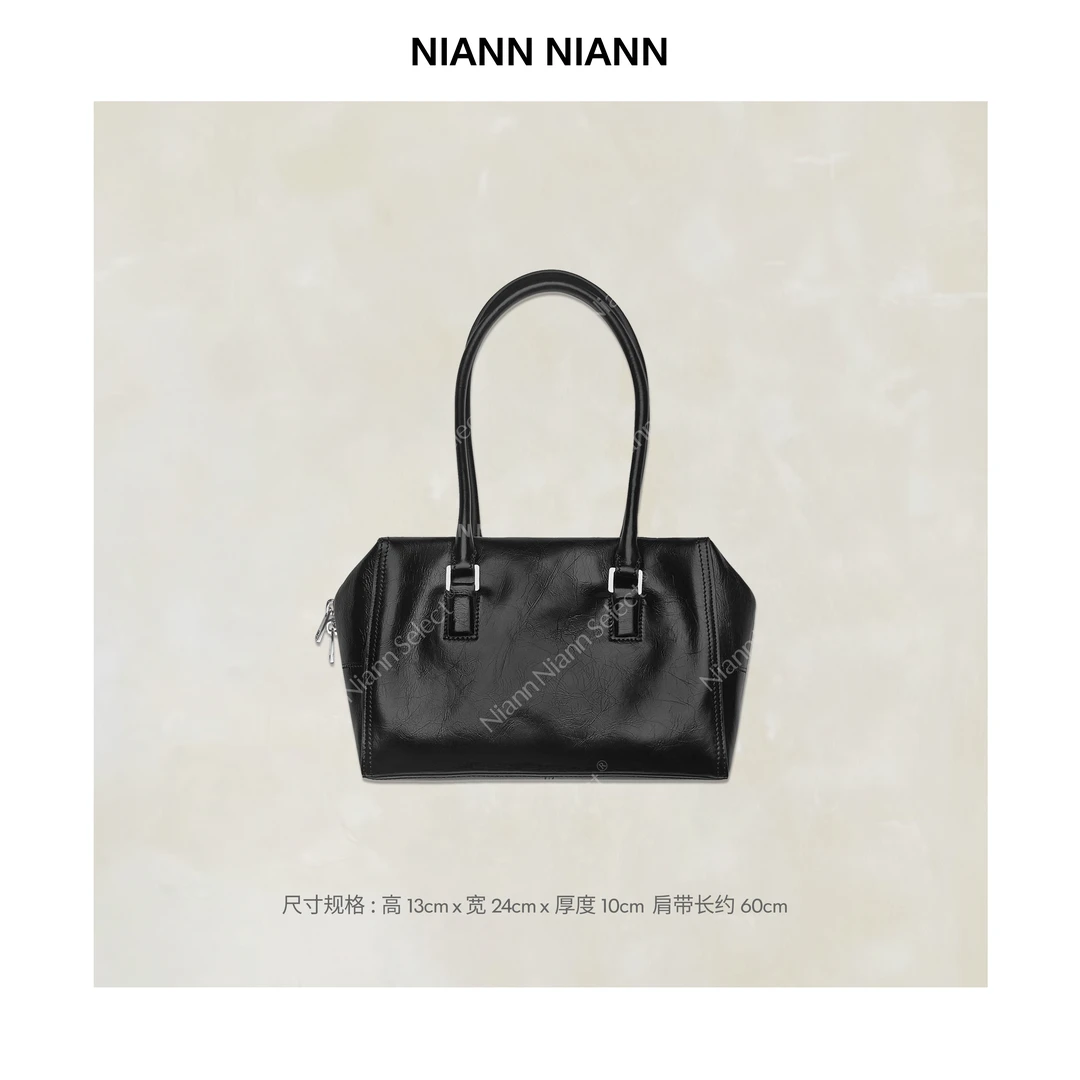 NiannNiann 高级时尚通勤复古单肩爆裂纹牛皮保龄球包15446