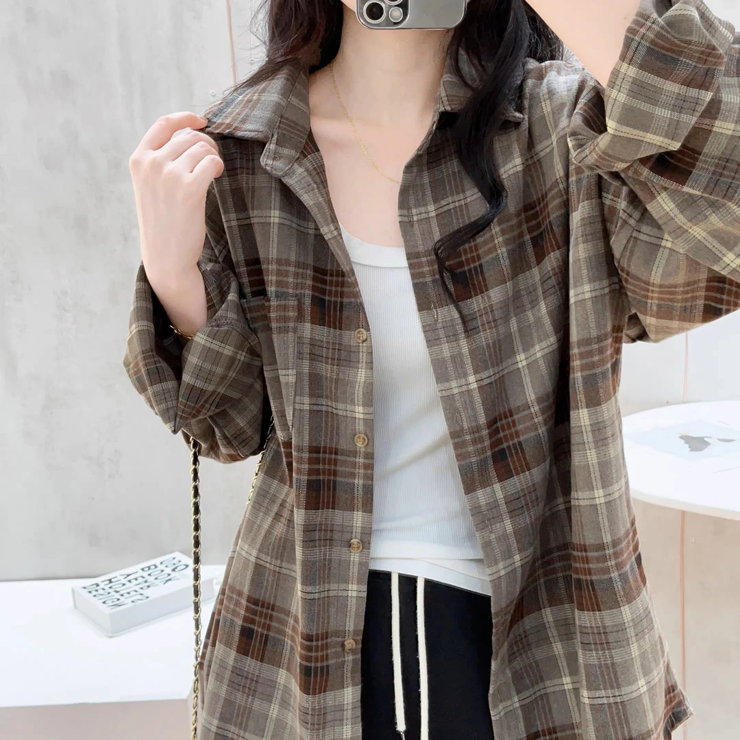 格子磨毛衬衫慵懒松弛感外套女秋季宽松百搭长袖复古衬衣休闲上衣