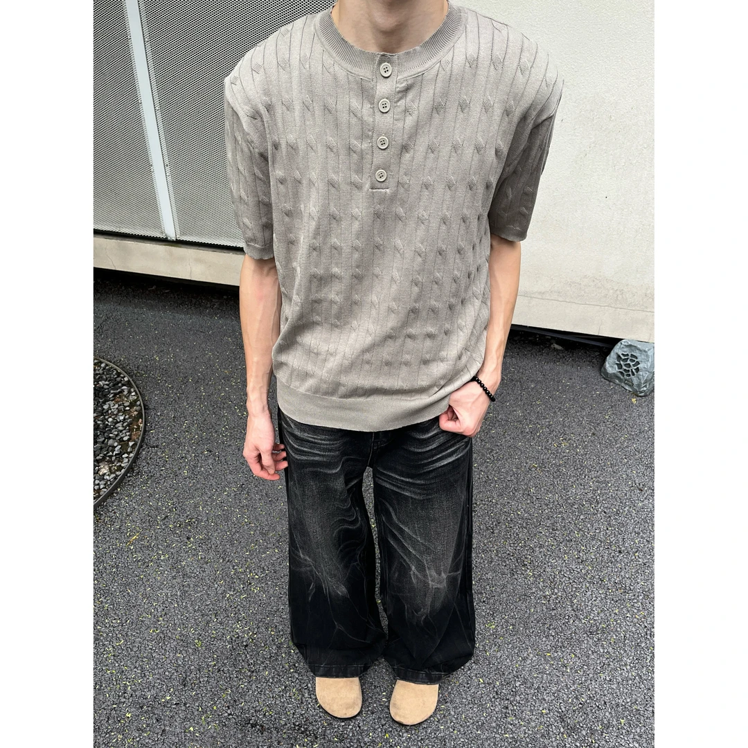 圆领纽扣T恤男夏季新款提花短袖