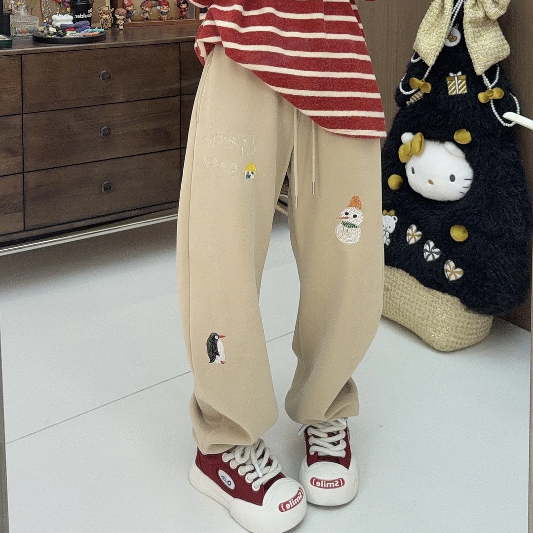 Apr.【奶茶雪人】冬季新款加绒加厚软糯休闲松紧腰百搭裤子女ST600