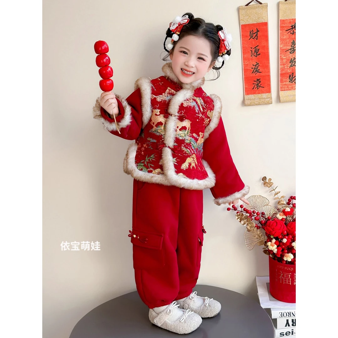 女童拜年服套装冬季2026新款女宝宝中国风唐装儿童冬装喜庆过年服