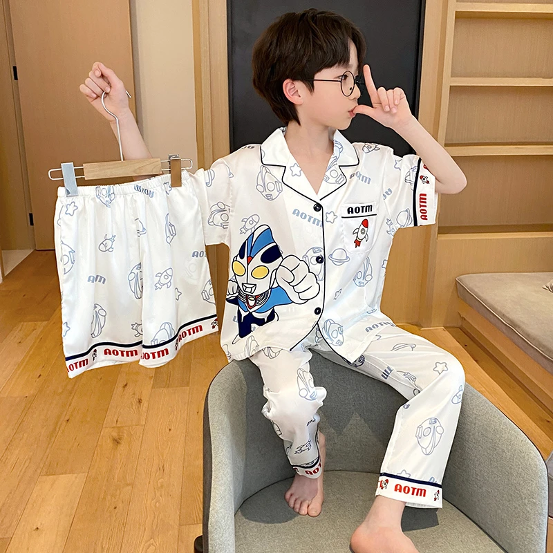 男童睡衣夏季冰丝短袖长裤三件套装中大童卡通男孩儿童空调家居服