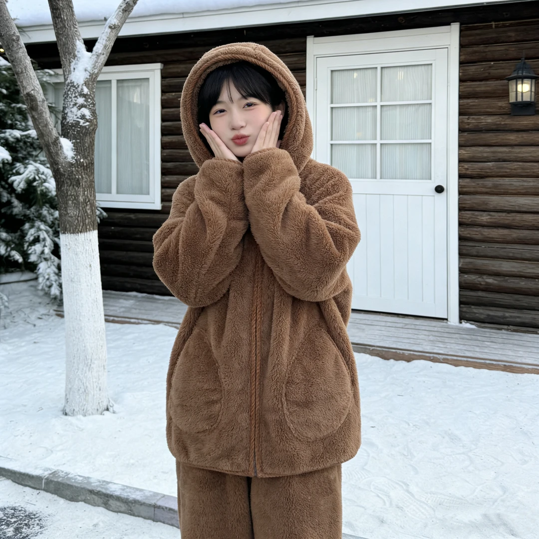 冬季睡衣女新款北羔绒可外穿套装加厚加绒爆款大码纯色毛绒家居服