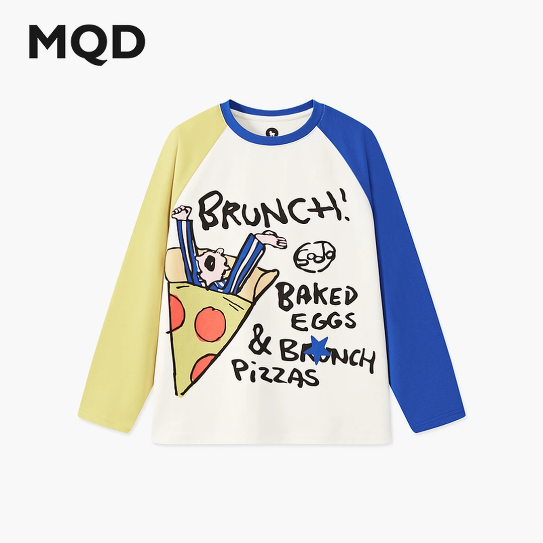 MQD童装25春新品学院风撞色插肩袖卡通字母涂鸦长袖T恤9651W0331
