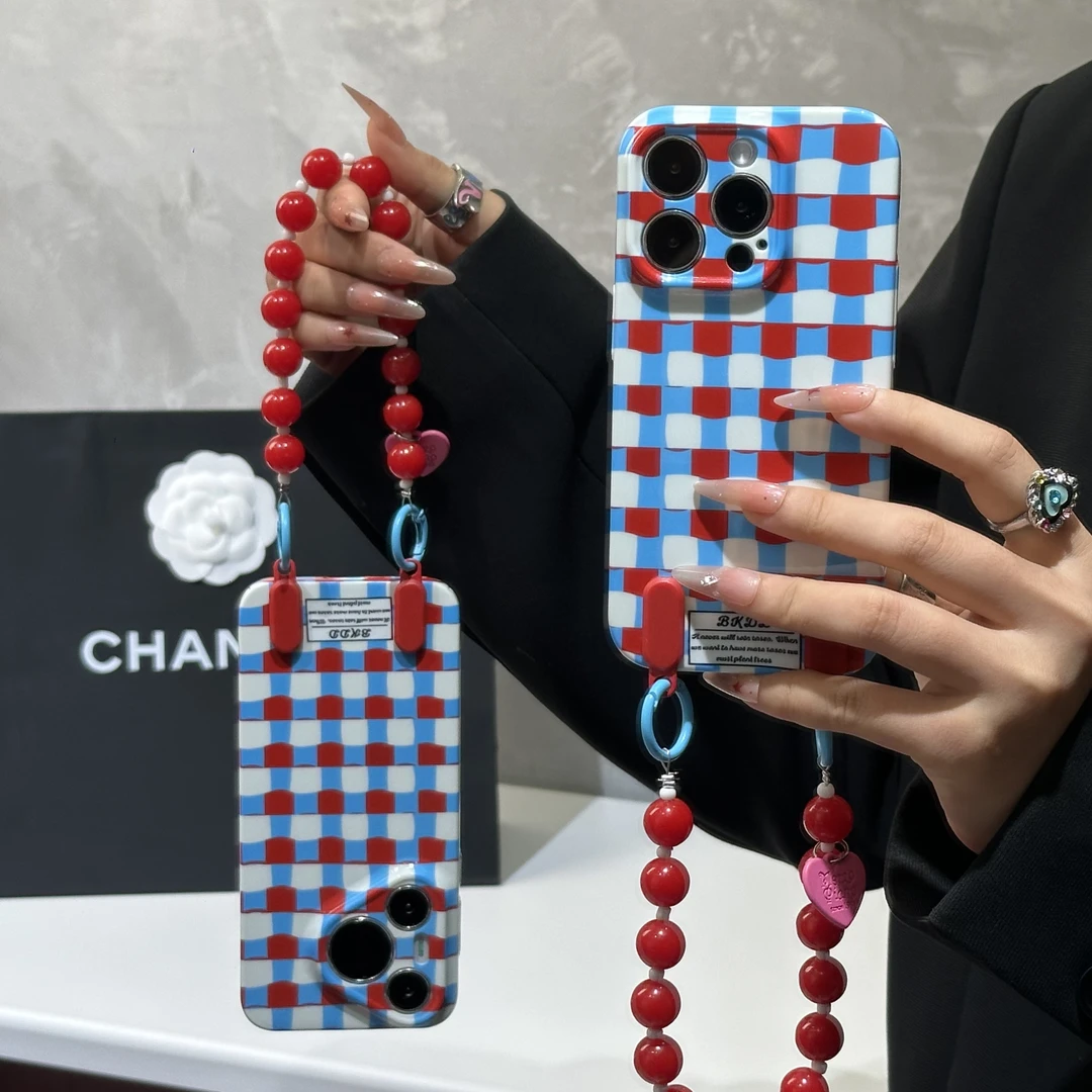 奥菲顿红蓝格纹挂链适用苹果17/16pro菲林手机壳华为vivo小米oppo