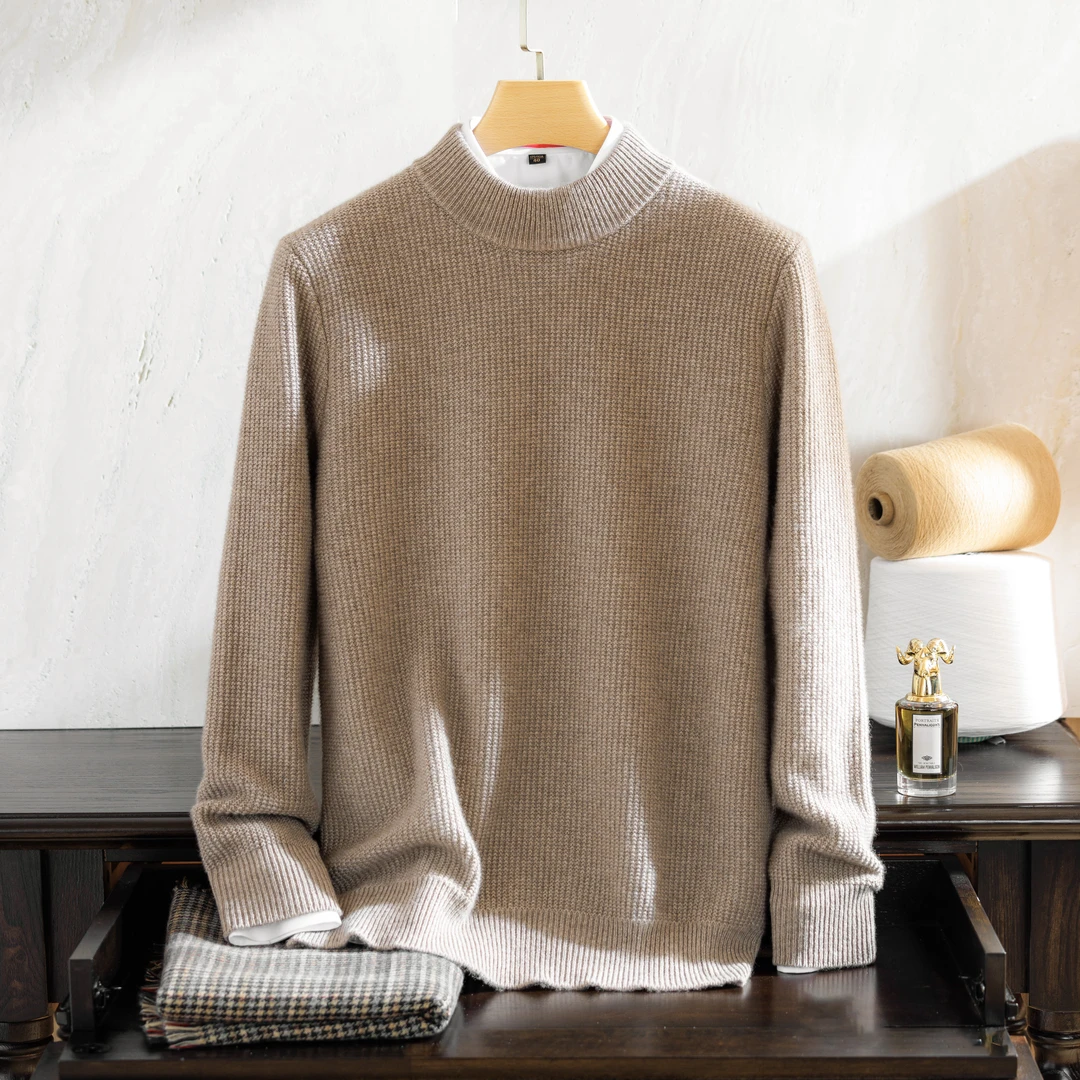 【YUMENG】男士7针双股半高领加厚羊绒打底衫男-360-425G