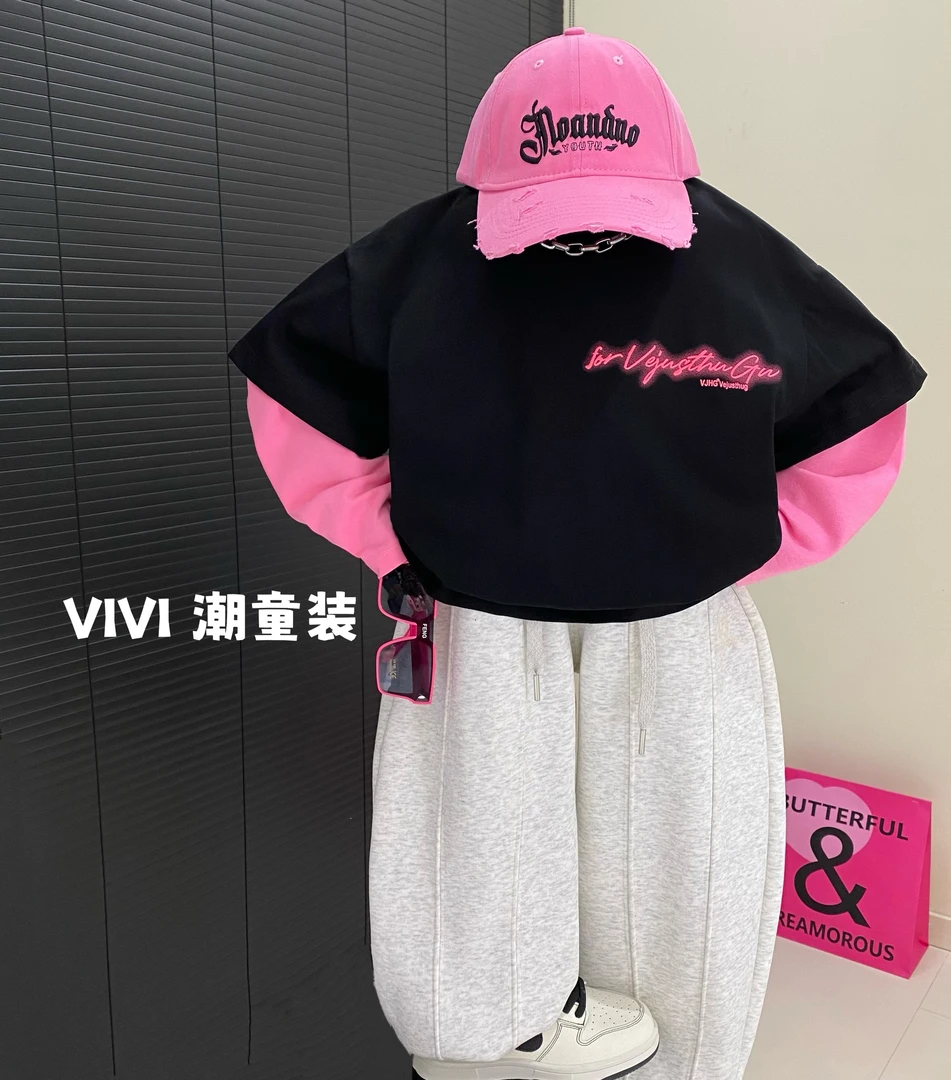 VIVI童装 2025春款潮流中大童街洋气粉色印花字母假两件长袖T恤