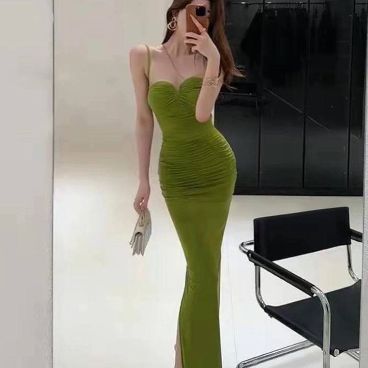 SYJ/舒衣家 微胖mm法式纯欲风性感吊带连衣裙女褶皱开叉修身长裙