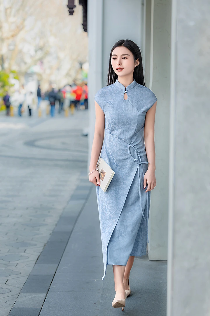 旗袍长款中式改良a字裙新款夏季连衣裙2025复古显瘦蓝色气质日常