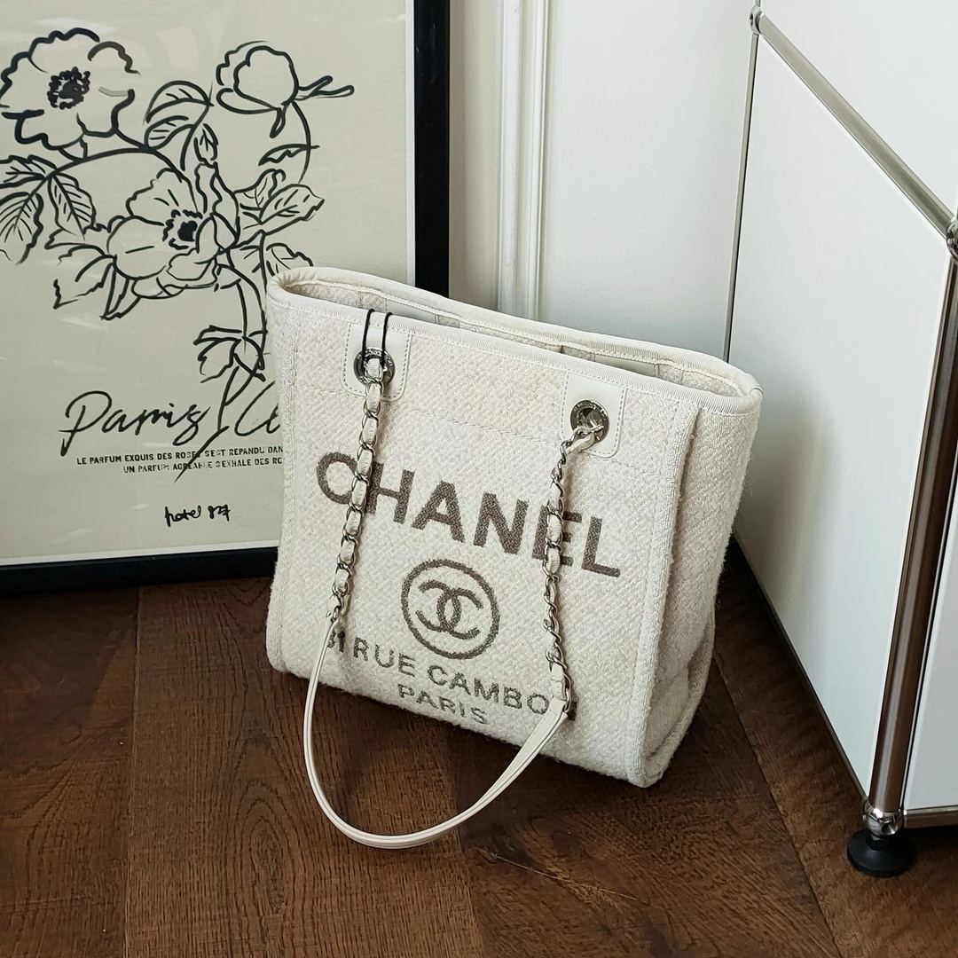 99新 Chanel/香奈儿 Azul- 21B白色布面沙滩小号托特包40030
