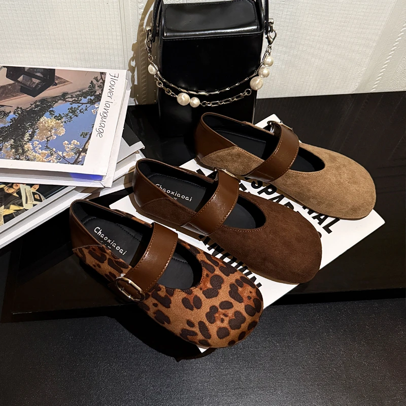 复古豹纹勃肯女浅口芒果头单鞋女一字扣玛丽珍豆豆新款勃肯鞋