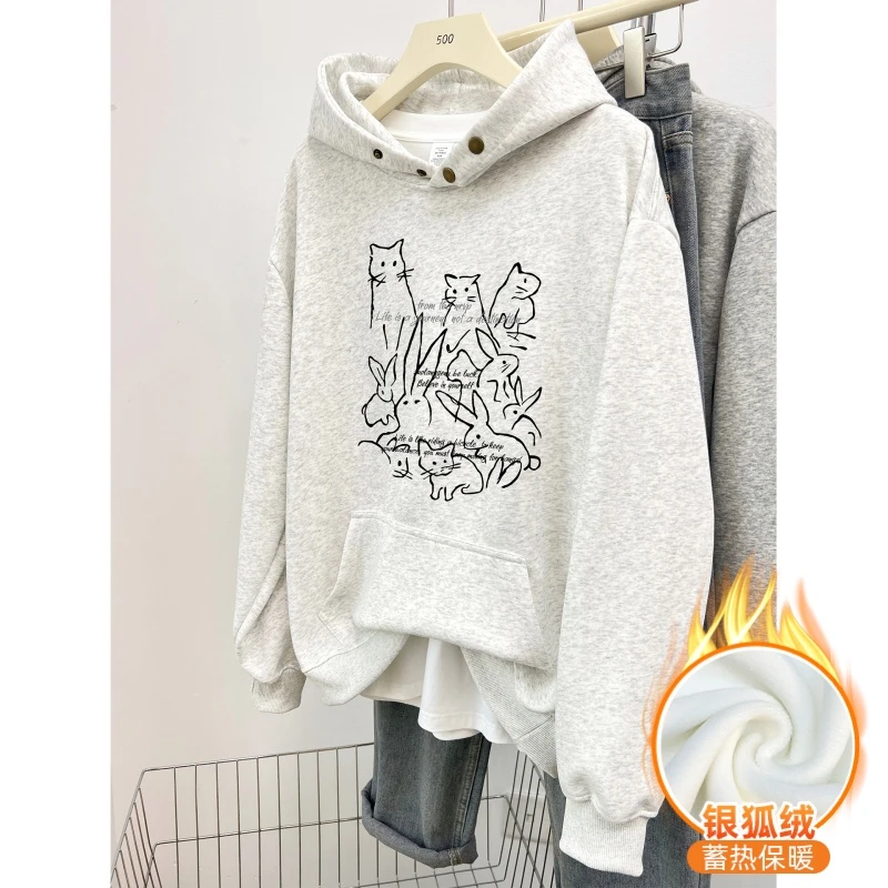 白灰色纽扣连帽卫衣女装秋冬季爆款宽松大码加绒加厚设计感上衣潮