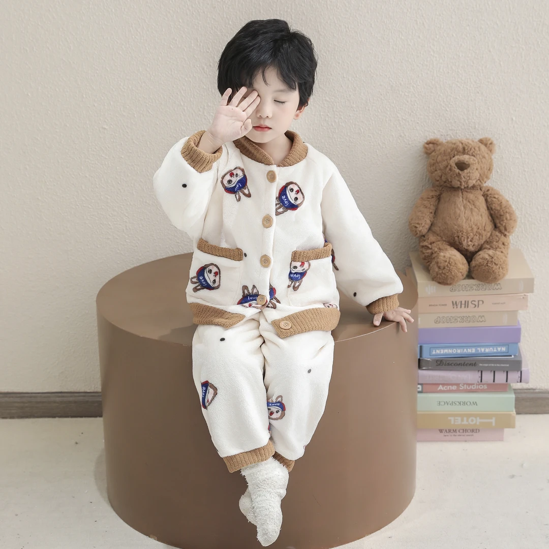 儿童睡衣男童秋冬款2025新款法兰绒男宝加绒加厚珊瑚绒家居服套装
