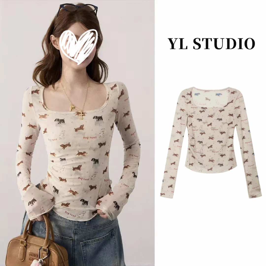 印花小狗U领修身复古长袖T恤女秋韩系上衣Q 9148#