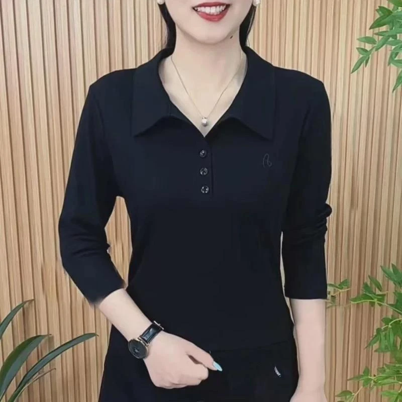 Polo领纯棉长袖t恤女士秋季2025新款宽松休闲薄款纯色上衣打底衫