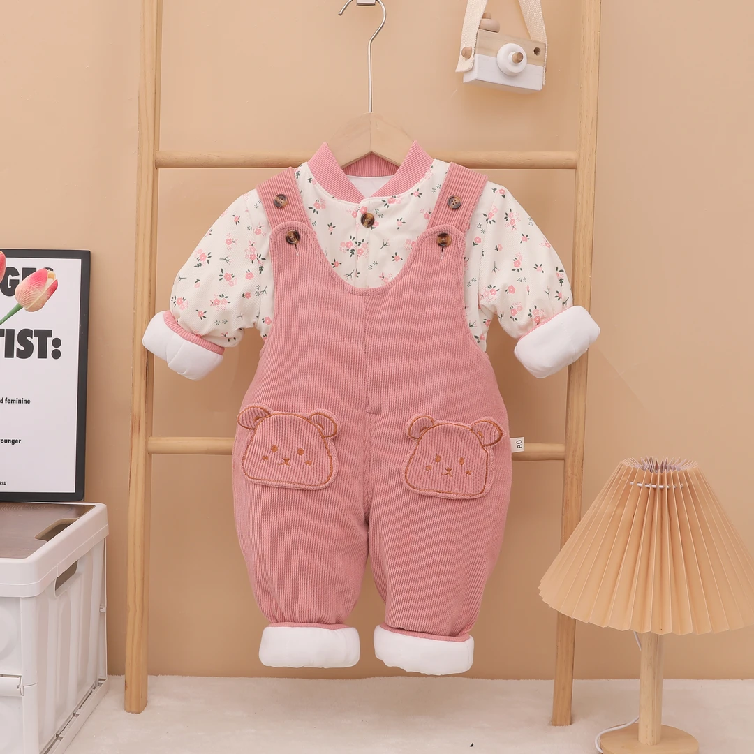 男女童熊头加厚御寒两件套儿童婴幼儿宝宝秋冬可外穿保暖套装婴儿