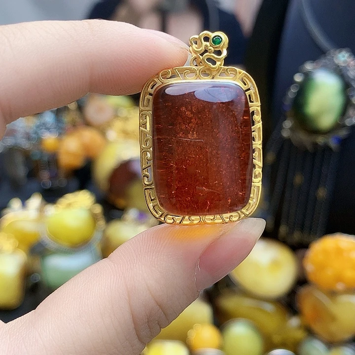 银S925镶嵌琥珀裸石坠