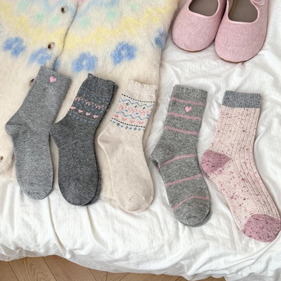 女童袜子秋冬中筒袜韩系甜美堆堆袜女孩学生棉袜儿童袜子秋冬长款