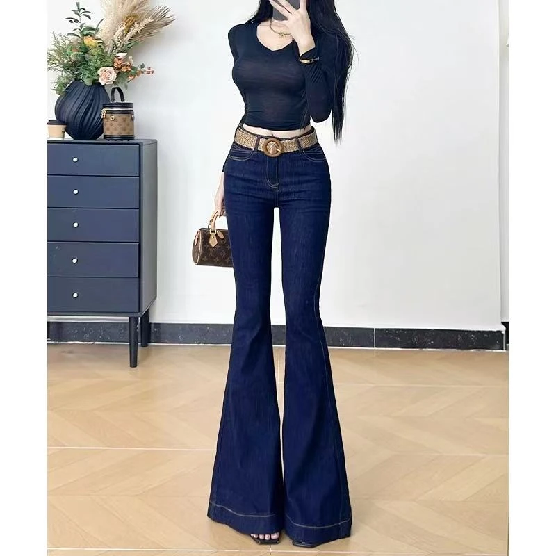 175高个子加长丹宁蓝美人鱼微喇牛仔裤女低腰弹力修身马蹄喇叭裤