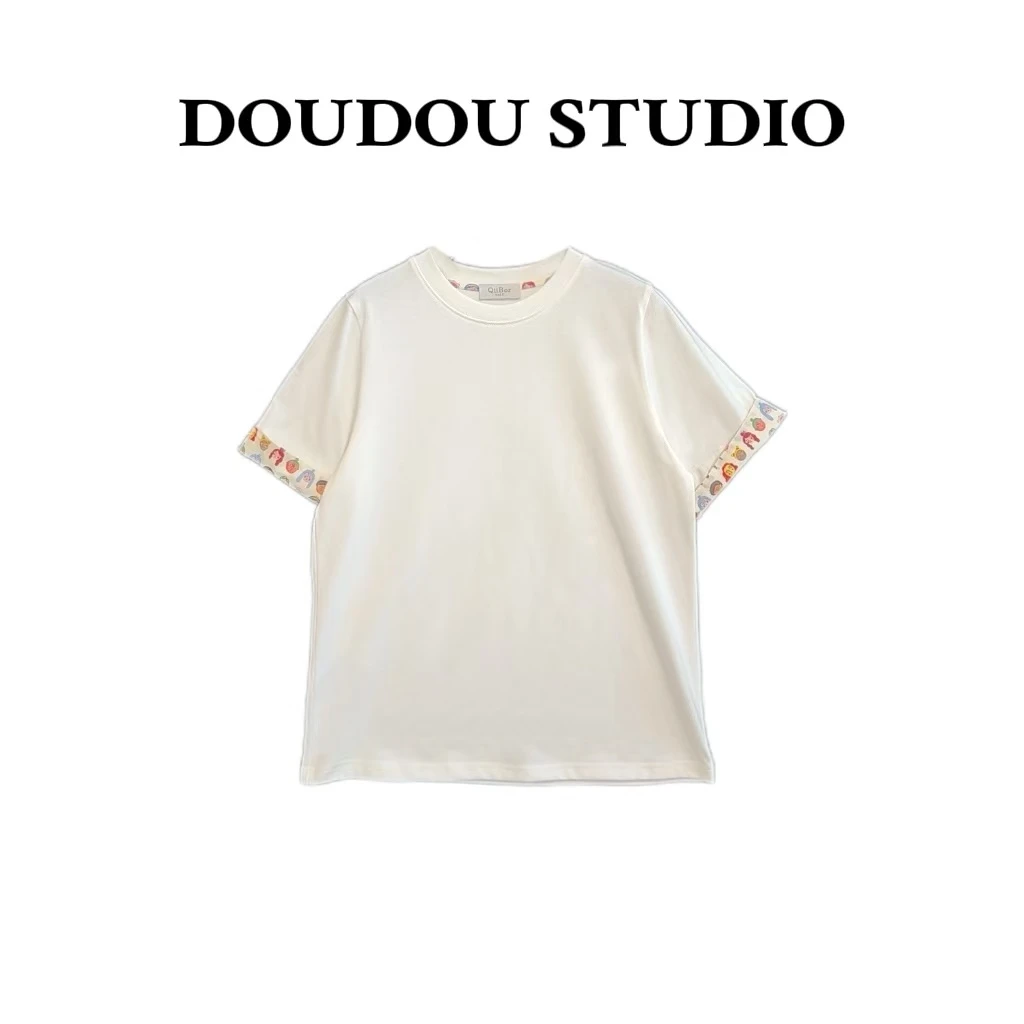 【兜兜】快乐家族 卡通满印拼接宽松休闲短袖T恤 210019