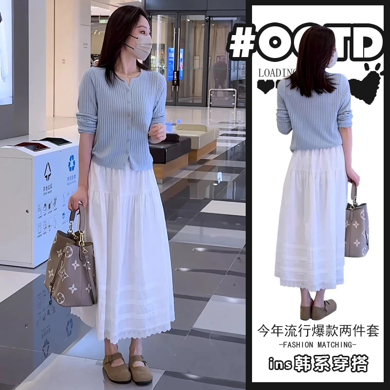 可甜可盐炸街套装女新款2025夏季气质开衫上衣+白色高腰半身裙潮