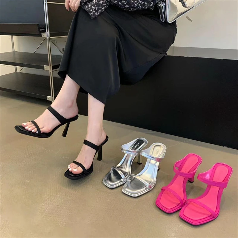 2025年夏季网红新款配裙子高跟凉拖女外穿银色黑色一字带细跟凉鞋